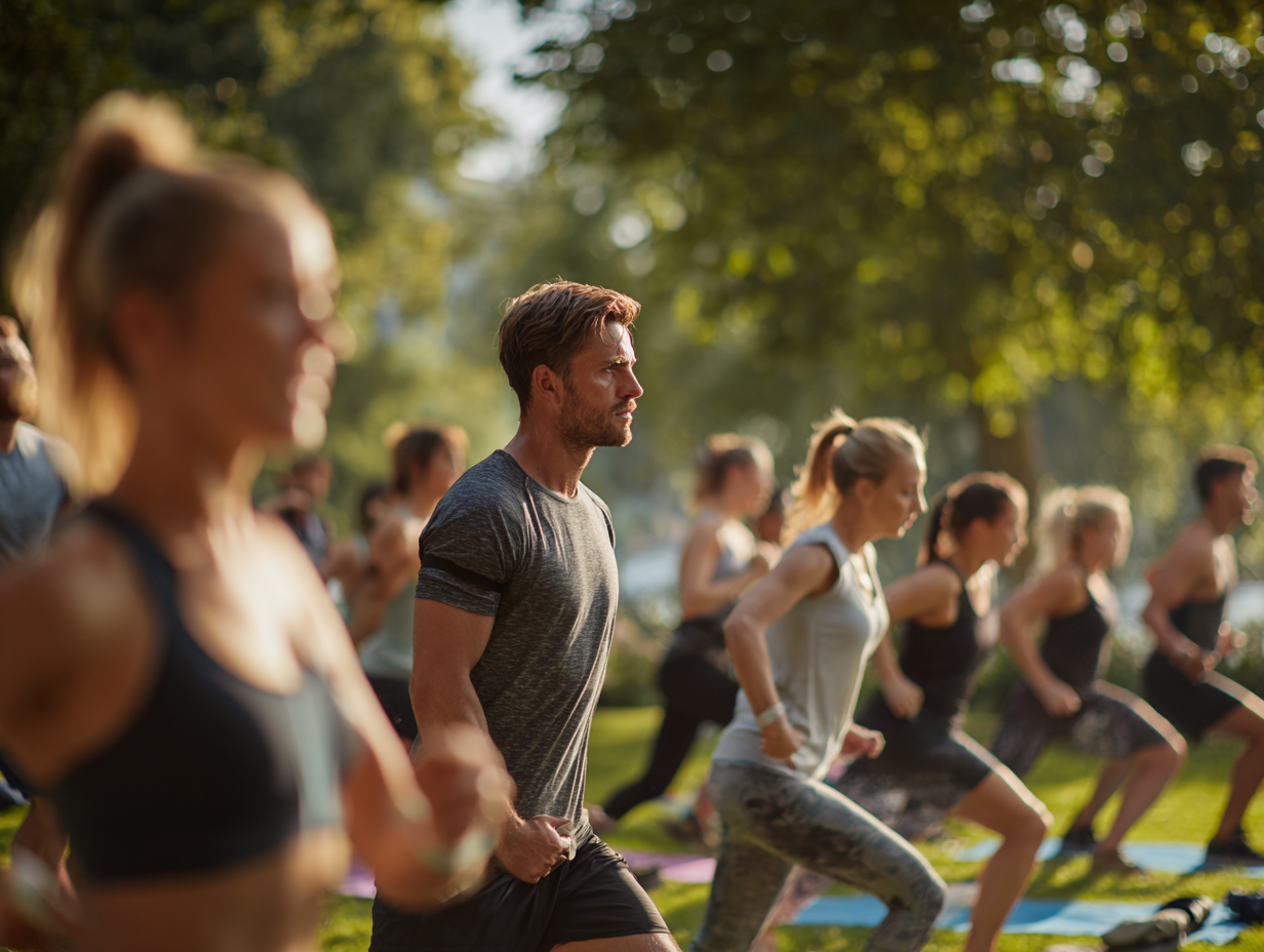 Skupina ľudí cvičí vonku